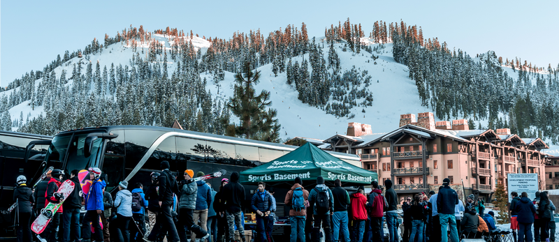 Buses shuttle skiers and riders from the Bay Area to several Tahoe resorts.