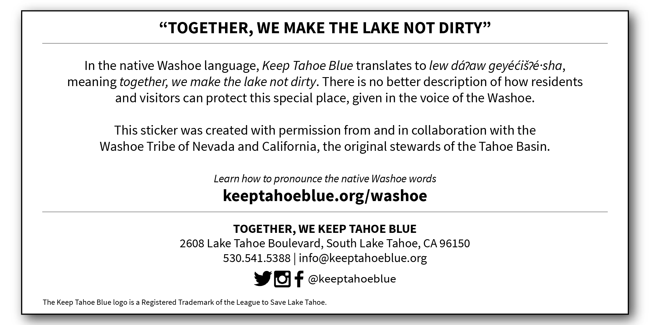 Washoe Keep Tahoe Blue Sticker - Back