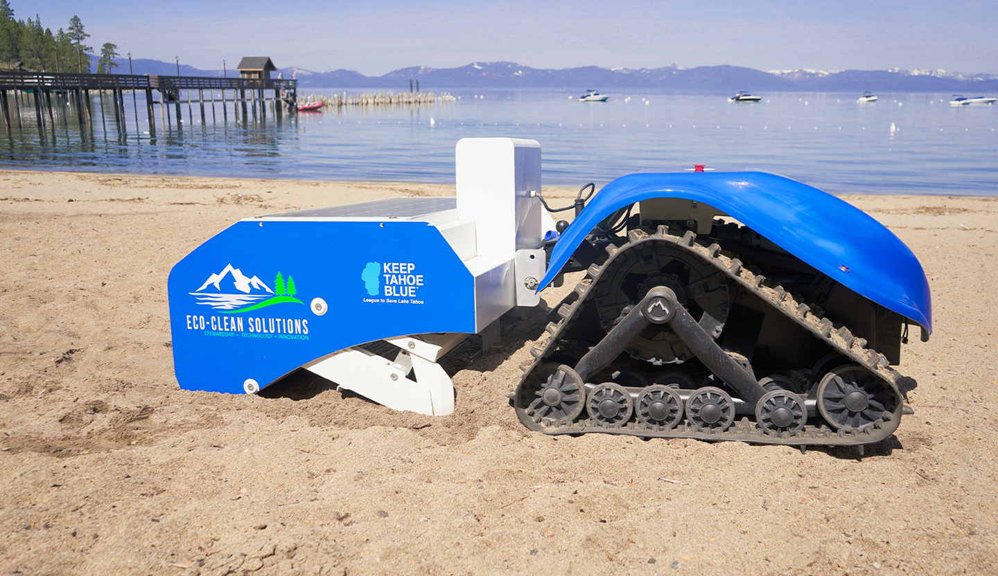 The BEBOT, a beach-cleaning robot, sits on the sand after a trial run.
