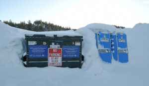 A dumpster and two portable toilets in the snow.