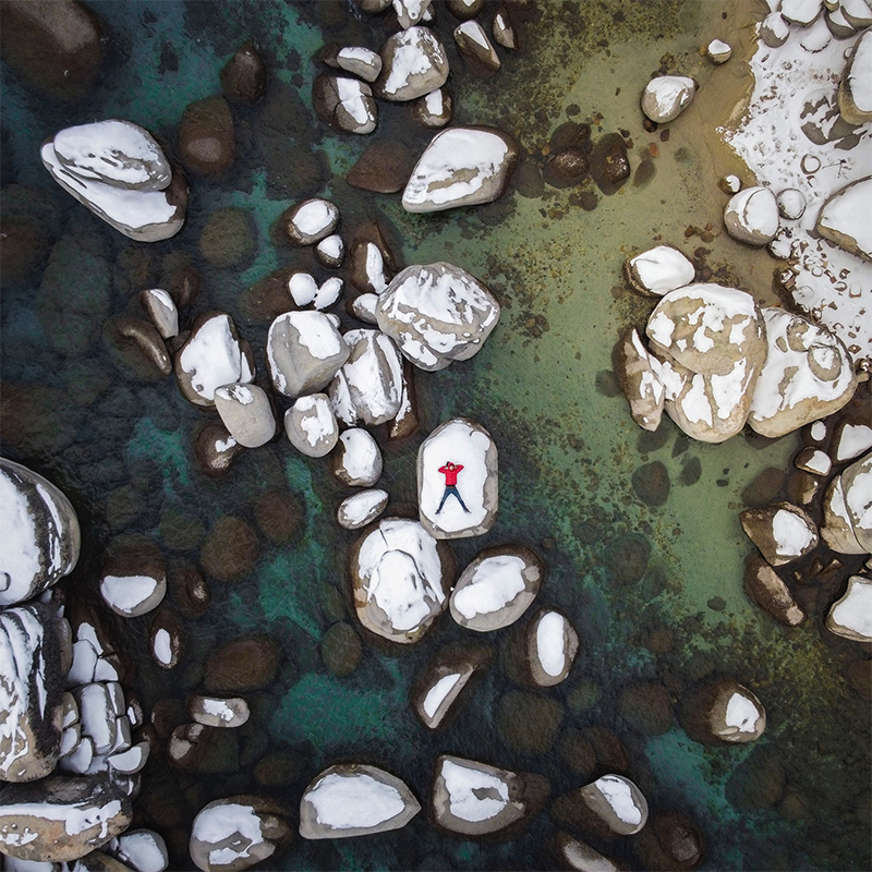 Overhead view of snowy rocks in Lake Tahoe